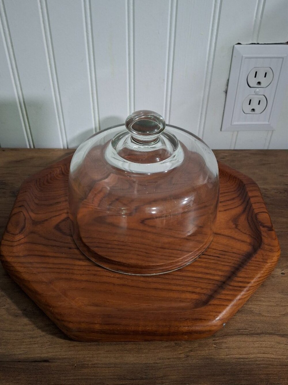 Vintage Mid Century Dolphin Teakwood Octagon Cheese Server Glass Dome